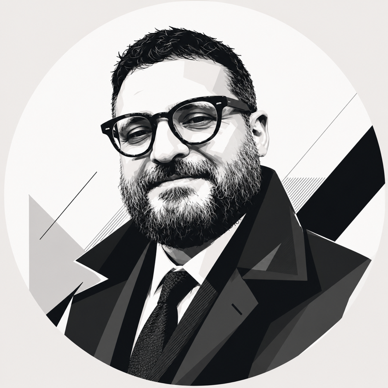Stylised monochrome geometric portrait of Mateus Nolasco